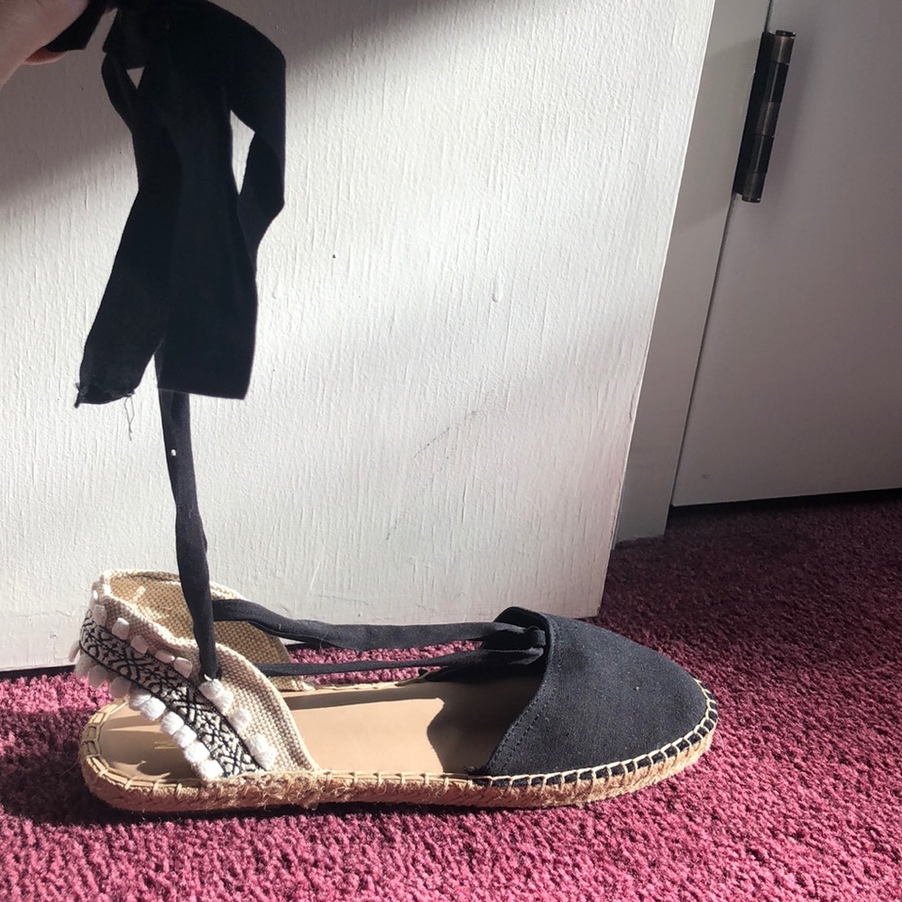 Black and white strappy ankle espadrilles